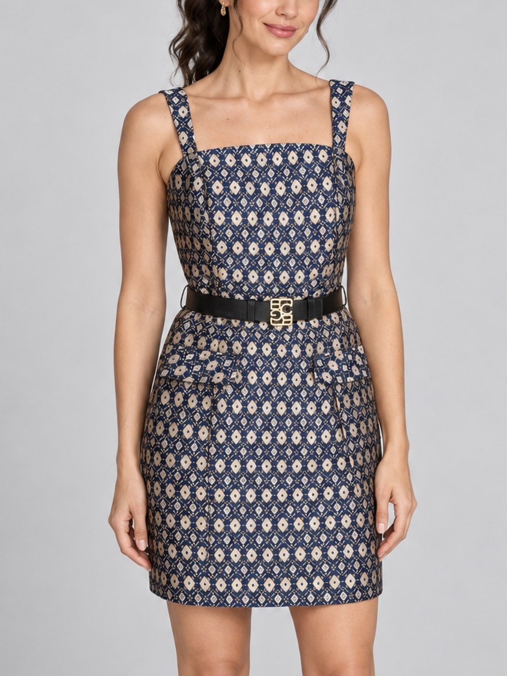 🆕🫐 BCBG Size 6 Navy Gold Metallic Jacquard Square Neck Belted A-Line Mini Dress